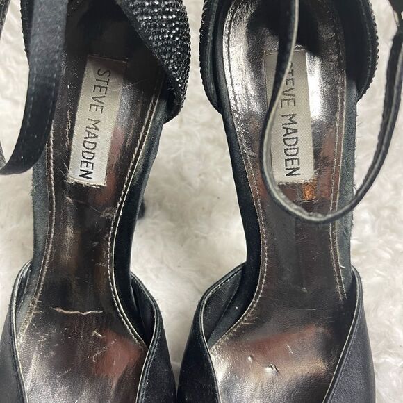 Steve Madden Black satin  With Sparkle Stones ankle strap platform heels SZ8.5 - Picture 6 of 9